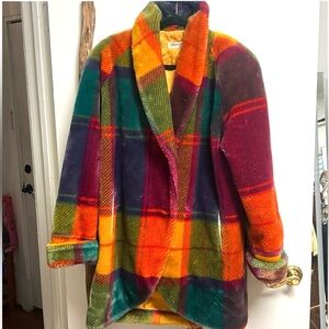 Donny Brook Vibrant Multicolor Oversized Faux Fur Rainbow Plaid Coat XS - M